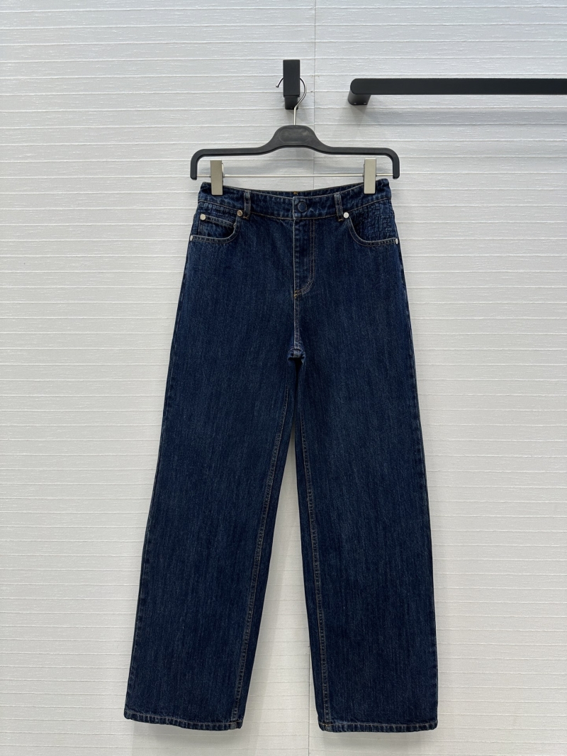 Fendi Signature Vintage Dark Blue Denim Straight-Leg Trousers with Opulent Quilted Embroidery