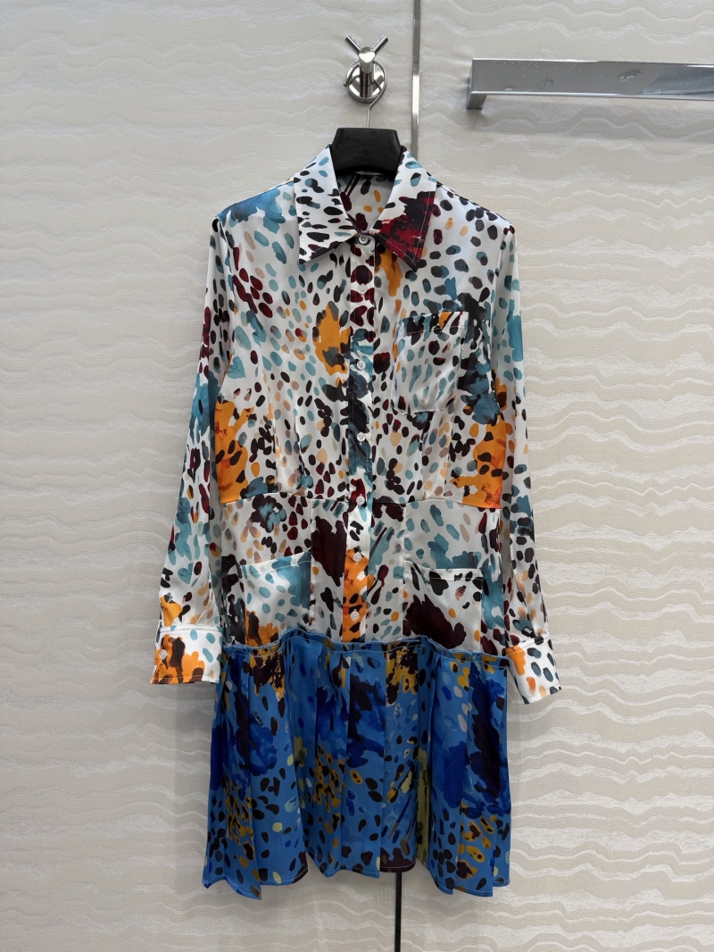 Fendi Exquisite 100% Silk Abstract Graffiti Shirt Dress | Multi-color Pleated Hem