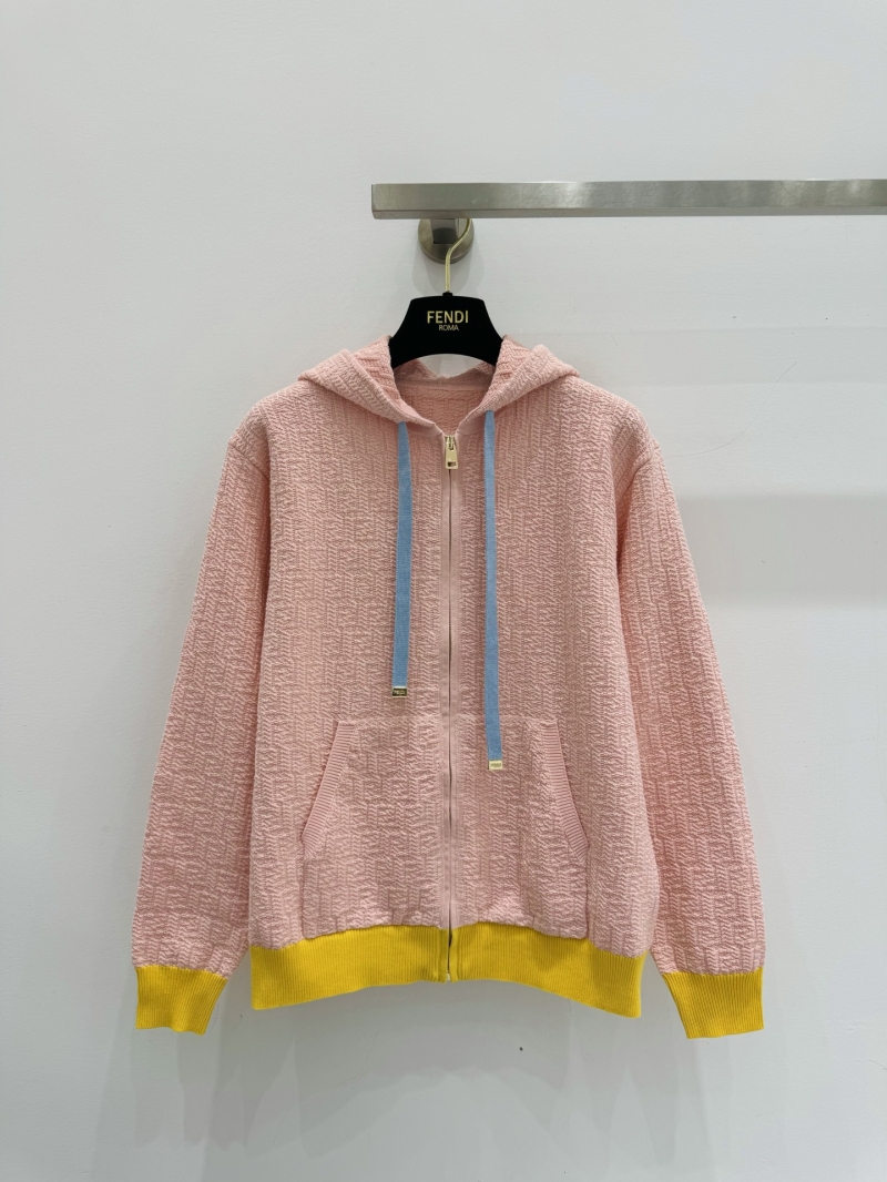Fendi Contrast Popcorn Knit Cotton-Silk Hooded Cardigan in Pastel Pink