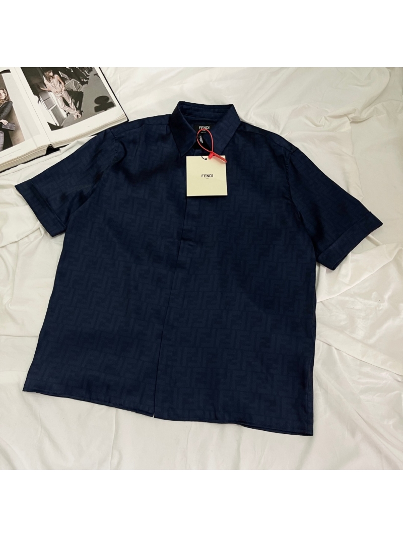 Fendi Navy Blue FF Zucca Jacquard Short-Sleeved Shirt - Luxury Silk-Cotton Blend, Hidden Placket, Tonal Logo Pattern - Polished and Timeless - Men's Designer Navy Shirt
