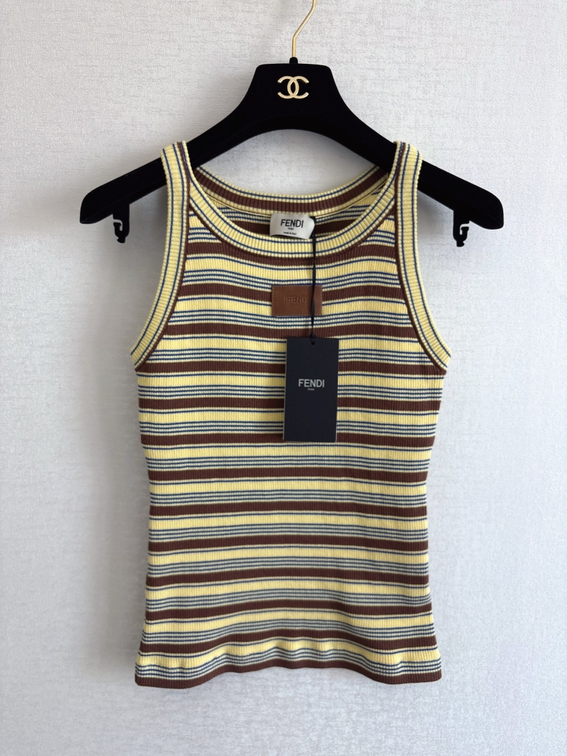 Fendi Contrast Stripe Ribbed Knit Tank Top with Signature Leather Patch in Yellow