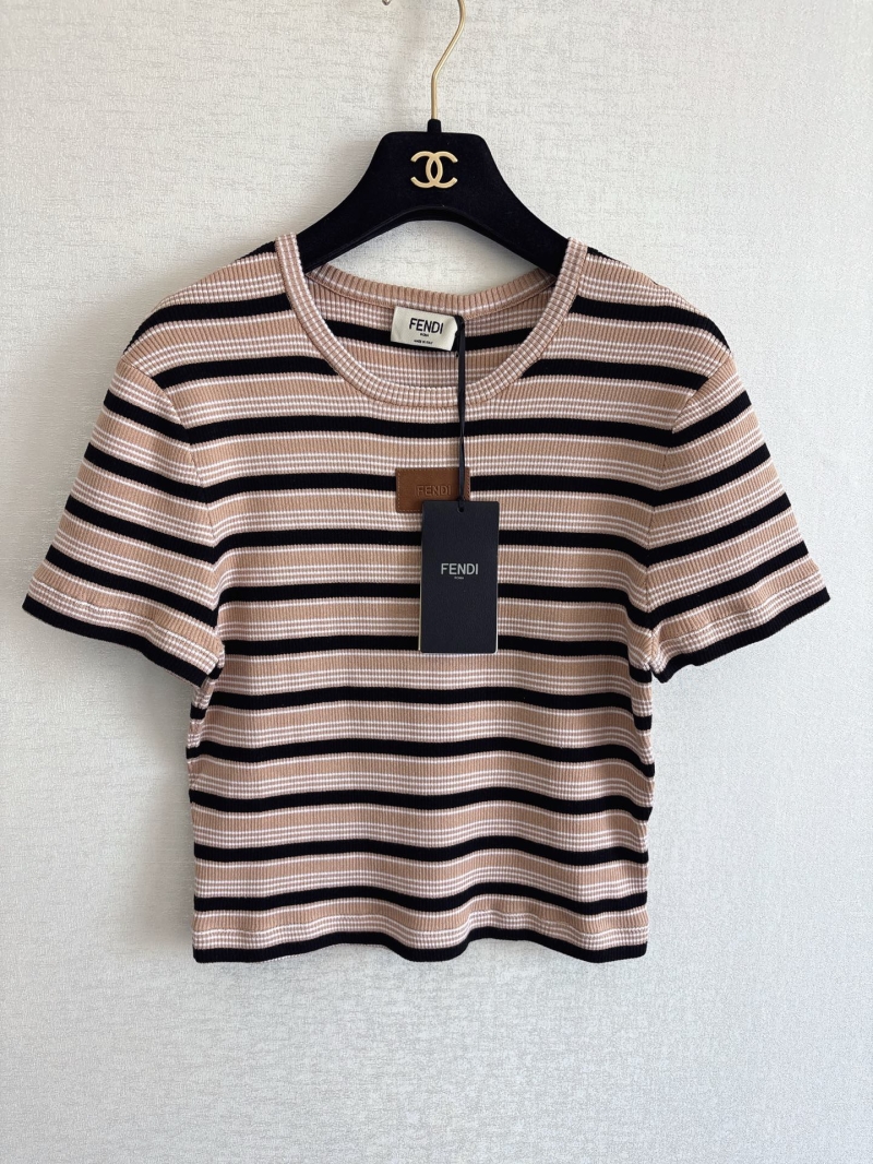 Fendi Contrast Striped Ribbed Knit Short-Sleeve Top in Beige and Pink