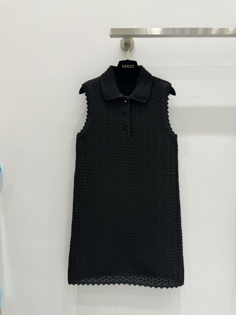Gucci Spring/Summer 25 Hollow Knit Polo Vest Dress - Elegant Black