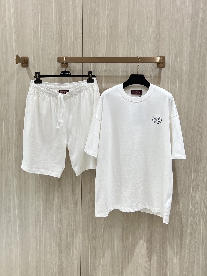 Gucci White Double G Embroidery Short Sleeve Set White