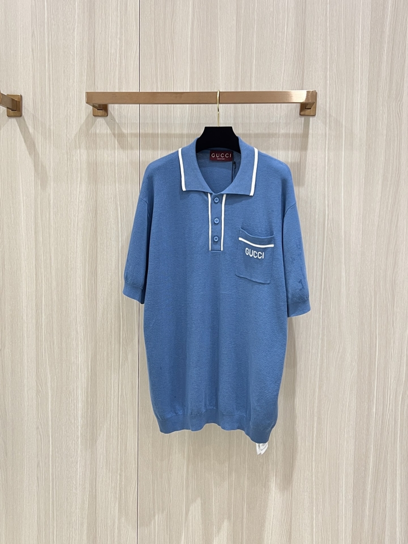 Gucci College-Style Blue Polo Knit Short Sleeve Shirt