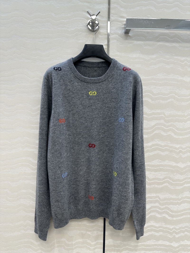 Gucci GG Embroidered Multicolor Logo Reversible Cashmere Sweater - Grey