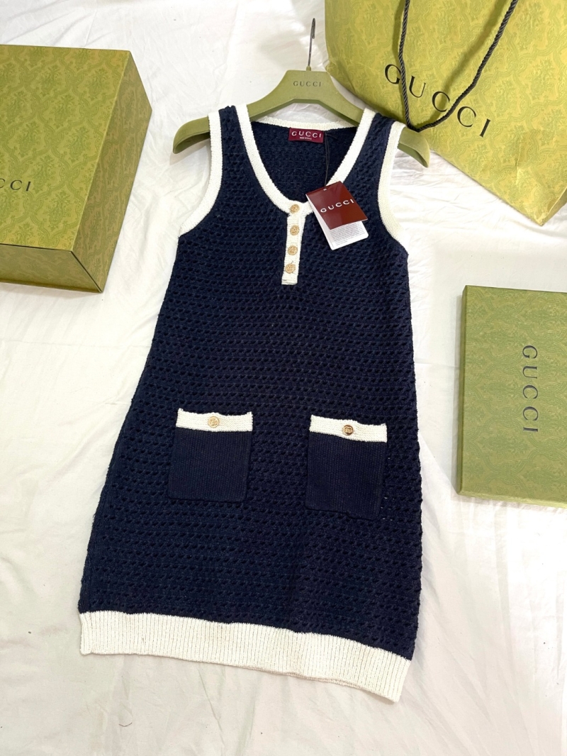Gucci Navy Blue Sleeveless Rib-Knit Dress with Gold Button Accents