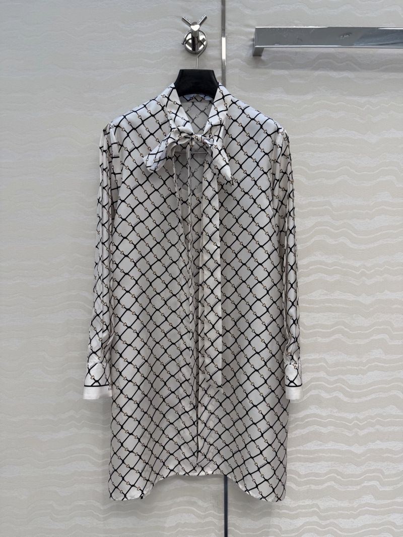Gucci 100% Silk Twill GG Horsebit Tie-Neck Dress | Monochrome Luxury