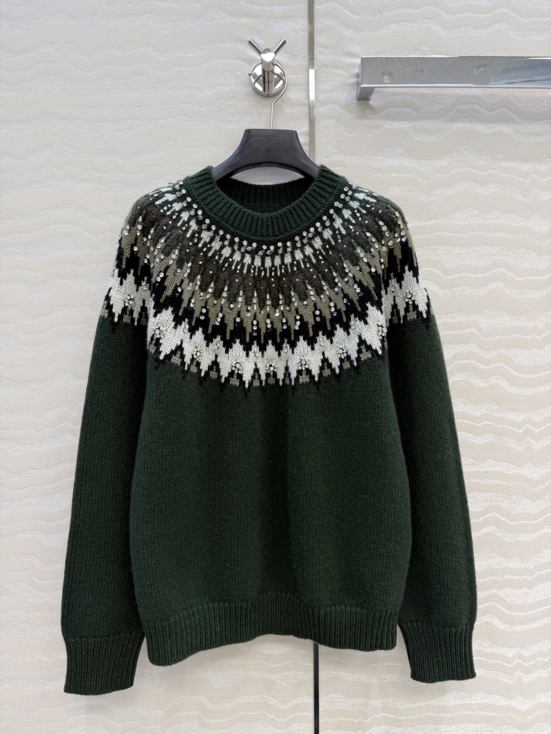 Gucci Exquisite Custom Wool Fair Isle Knit Sweater with Hand-Applied Crystal Embellishments in Deep Forest Green