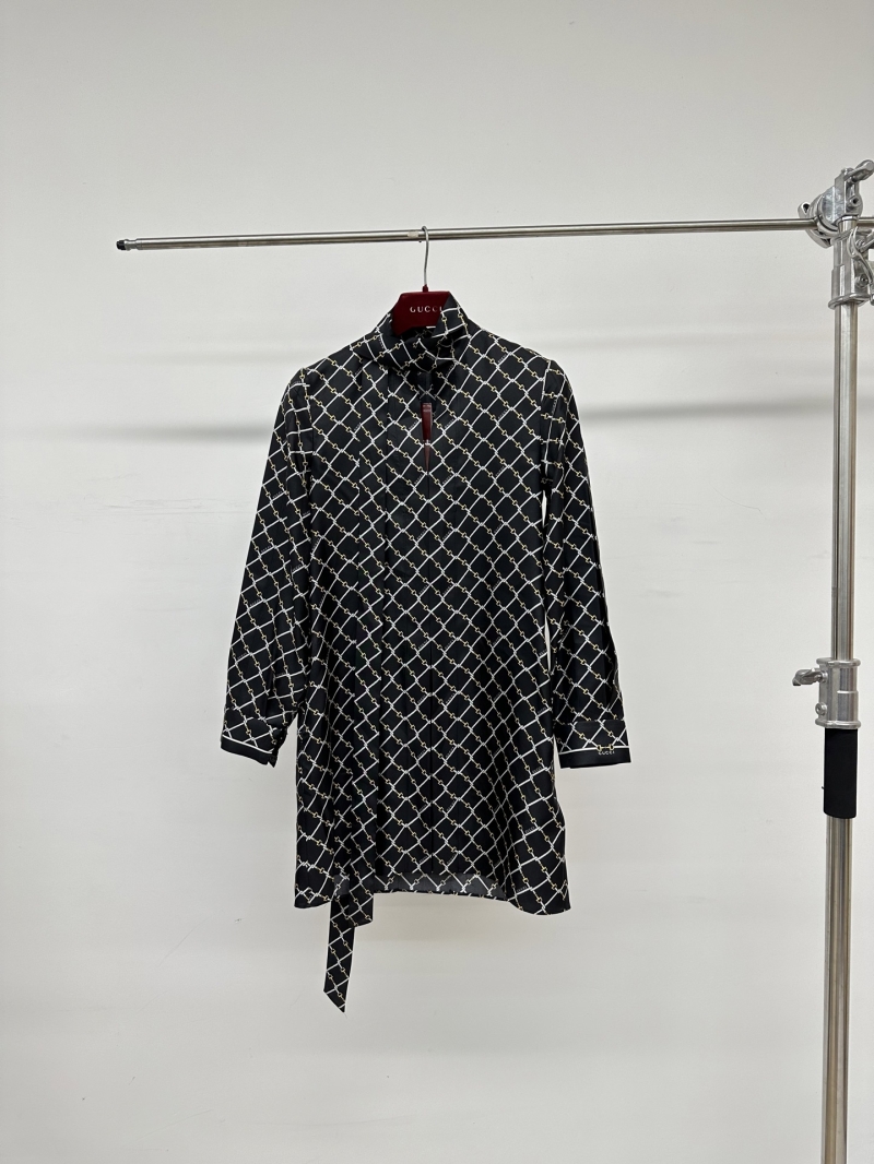 Gucci Horsebit Print Silk Twill Ribbon Shirt Dress in Black