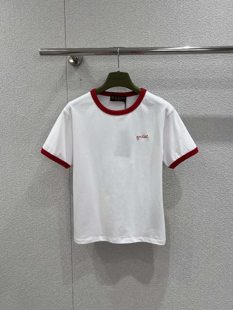 Gucci Contrast Trim Letter Embroidered Cotton Ringer T-Shirt in White and Red