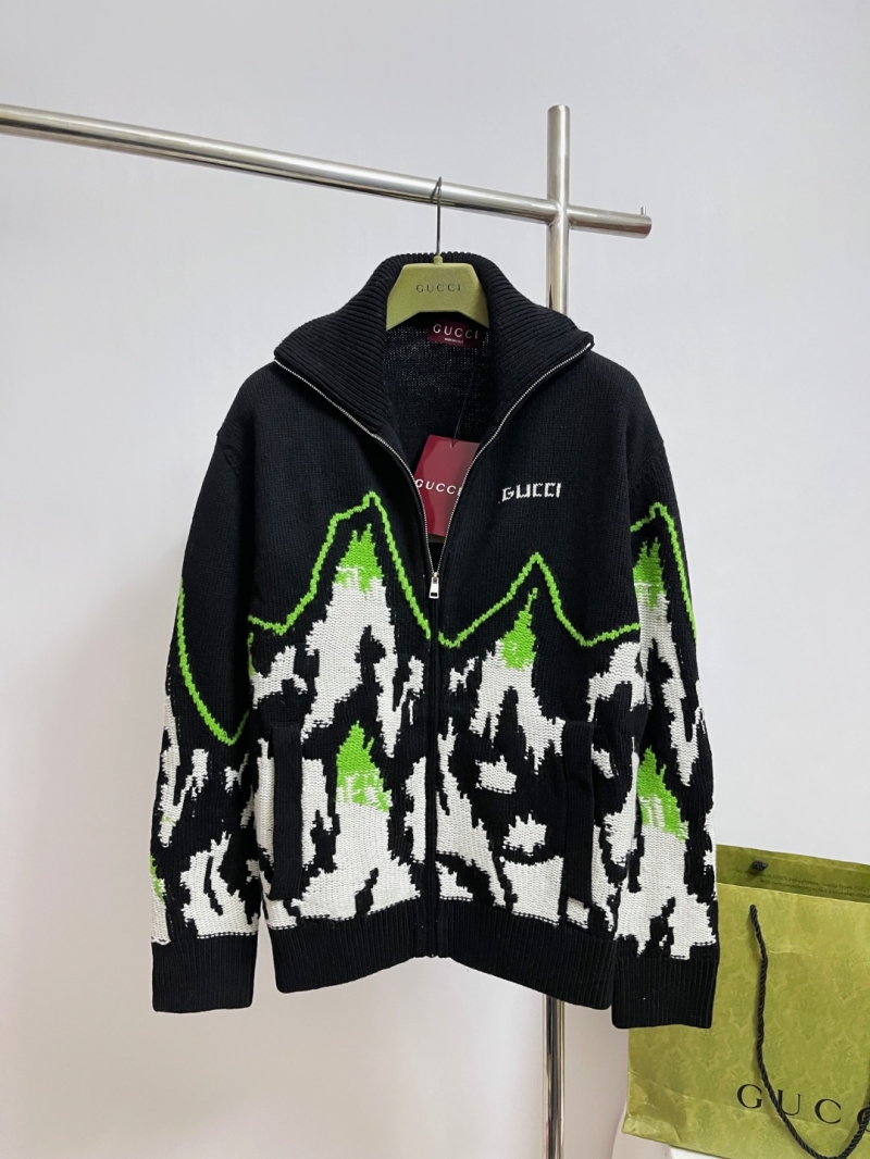 GUCCI Abstract Jacquard Zip-Up Knitted Jacket | Black, White & Neon Green | Chunky Knit, Elevated Sportswear