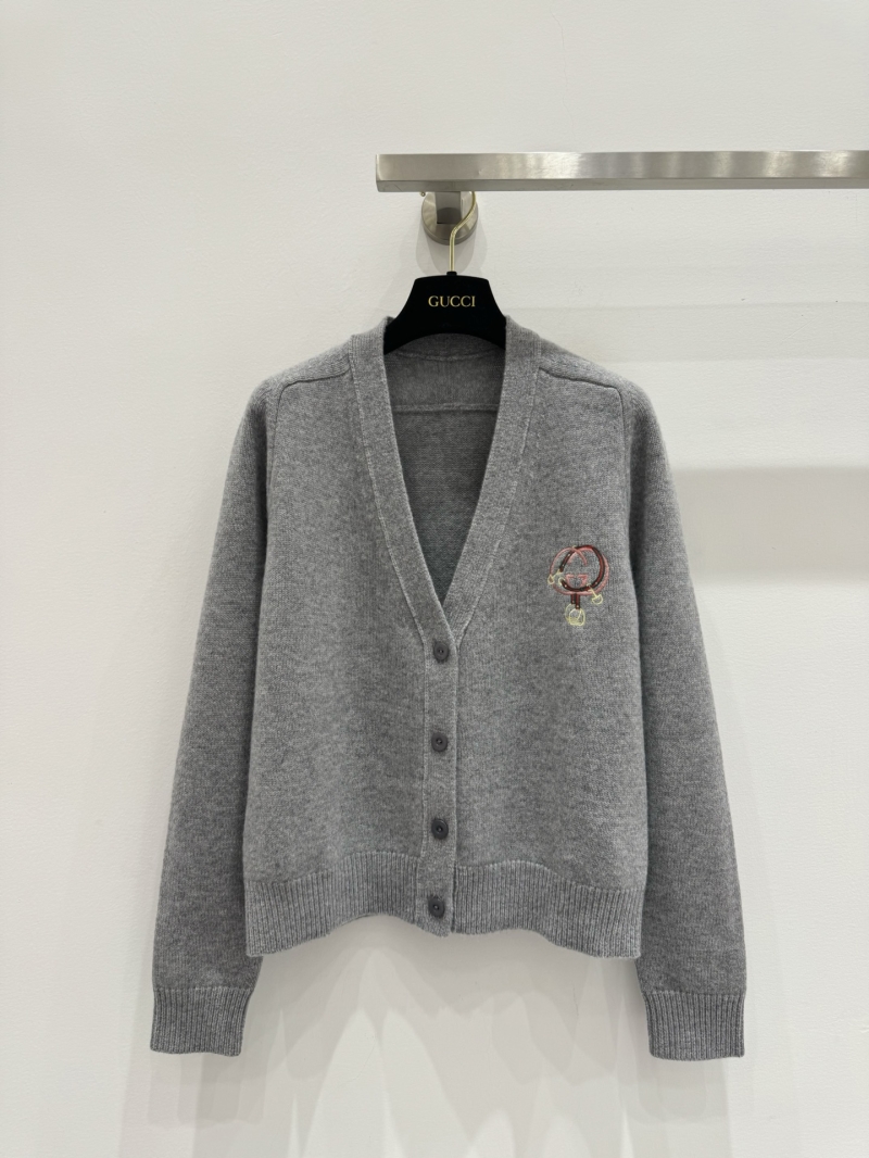 Gucci Embroidered V-Neck Wool-Cashmere Cardigan in Heather Gray
