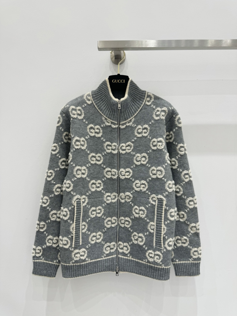Gucci GG Monogram Boucl&eacute; Knit Zip-Up Bomber Jacket in Heather Gray