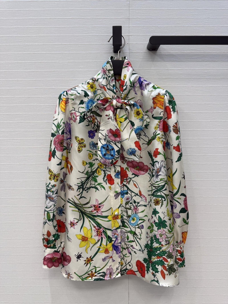 Gucci 100% Silk Twill Flora Print Pussy-Bow Blouse Ivory