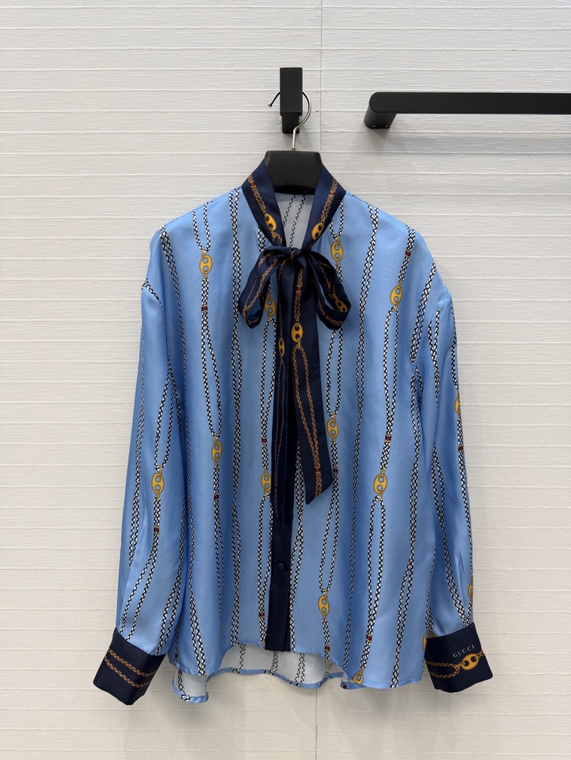 Gucci 100% Silk Twill GG Chain Print Contrast Tie-Neck Blouse