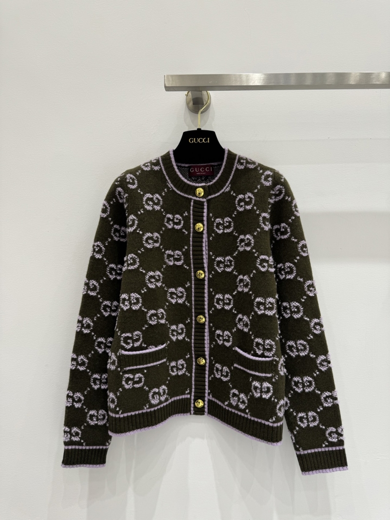 Gucci Interlocking GG Monogram Wool Knit Cardigan in Forest Green and Lilac