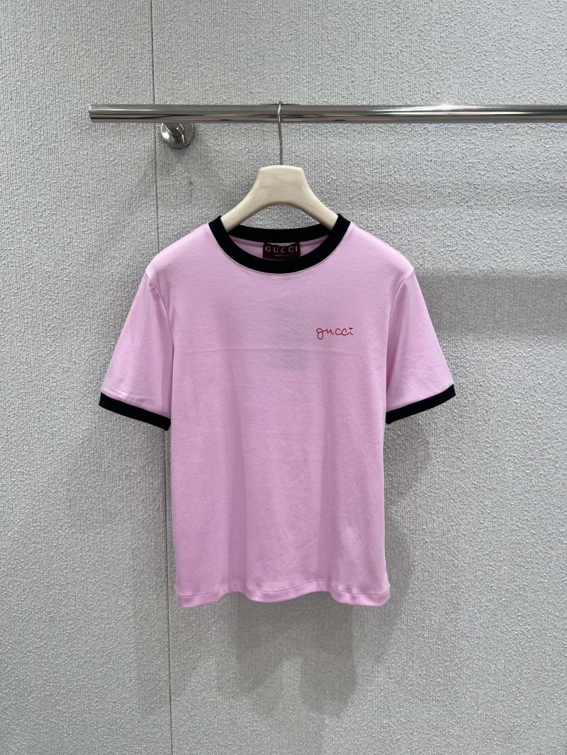 Gucci Signature Embroidered Ringer T-Shirt in Pastel Pink