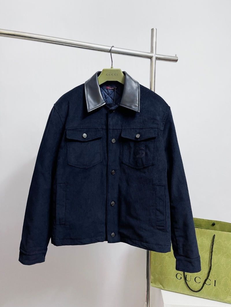 Gucci Embroidered Corduroy Trucker Jacket with Polished Leather Collar in Navy Blue