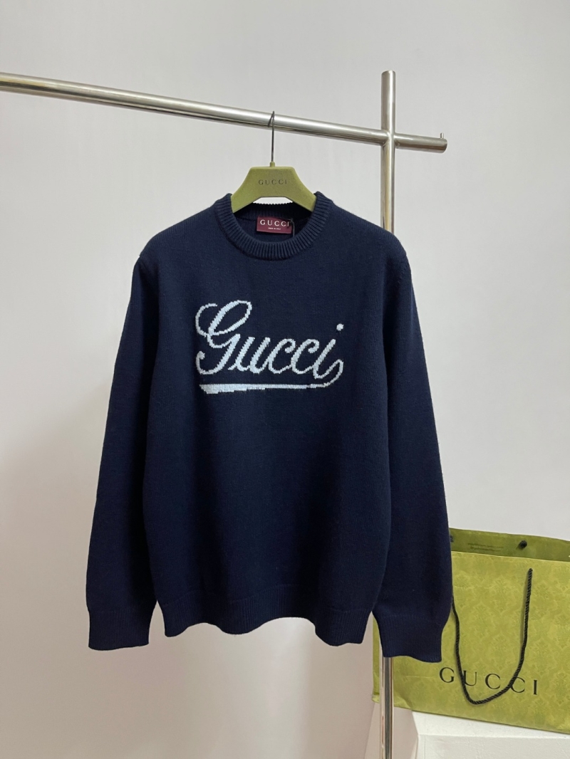 Gucci Signature Script Logo Navy Blue Wool Knit Pullover Sweater