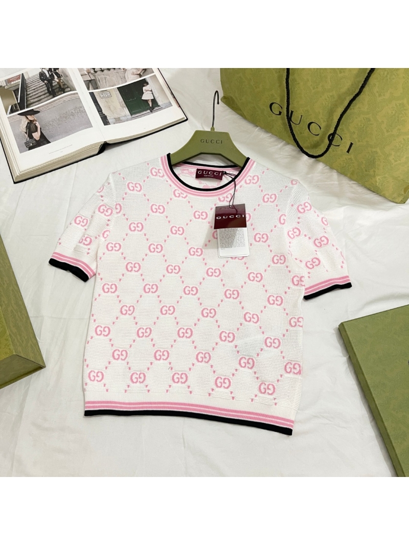 Gucci GG Monogram Pastel Pink Short-Sleeved Knit Top