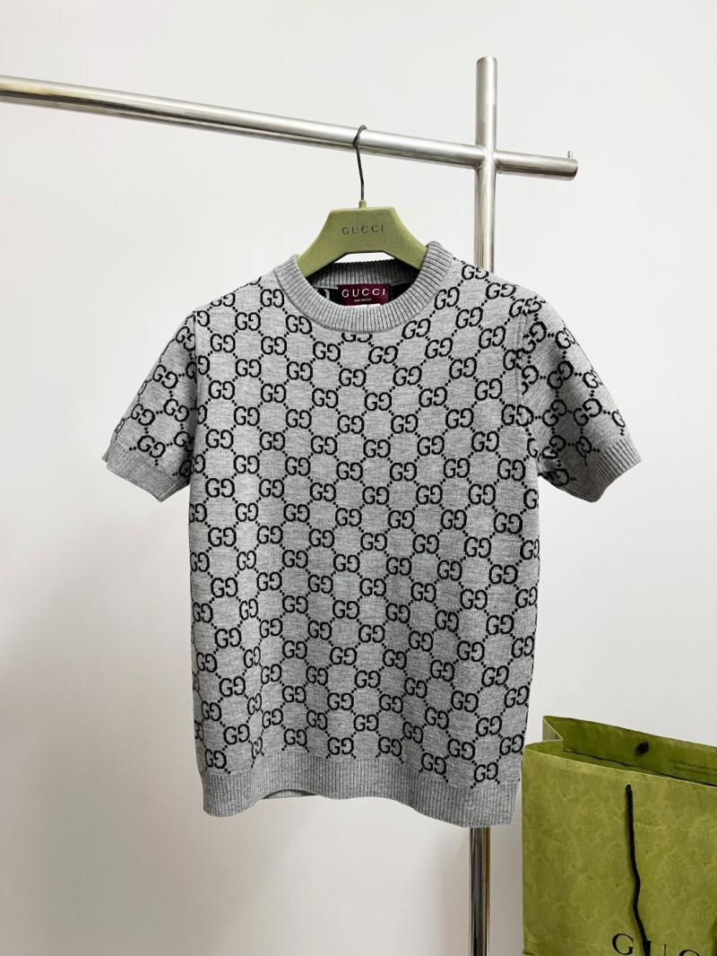 Gucci GG Monogram Wool Knit Short-Sleeved Top in Heather Grey