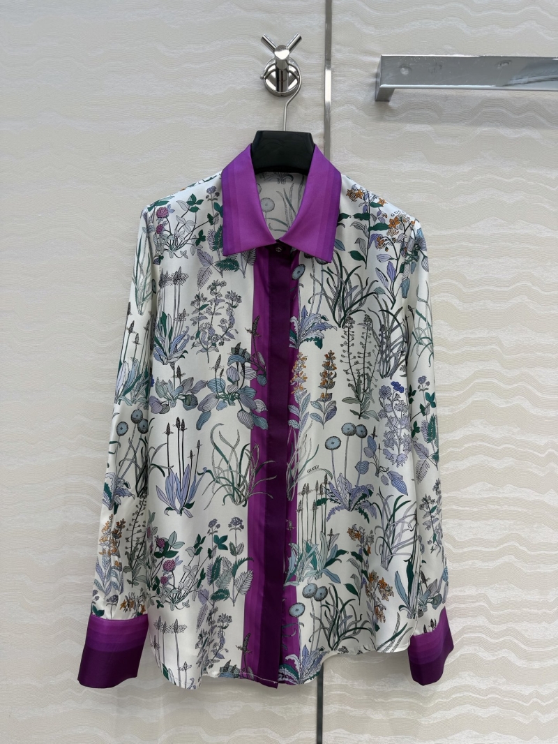 Gucci Monet"s Garden Floral Print 100% Silk Twill Long-Sleeve Shirt in Cream and Purple