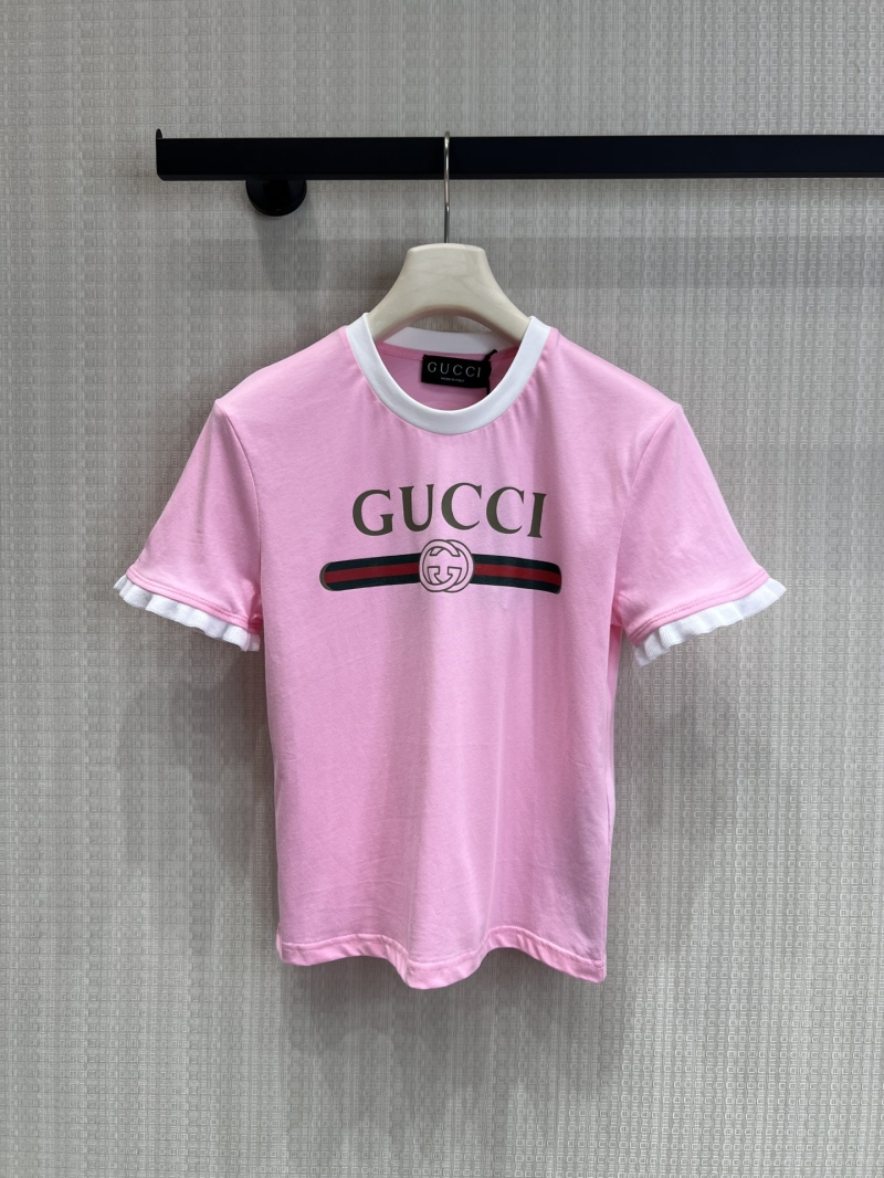 Gucci Ruffle Sleeve Logo Print Cotton T-Shirt in Pastel Pink