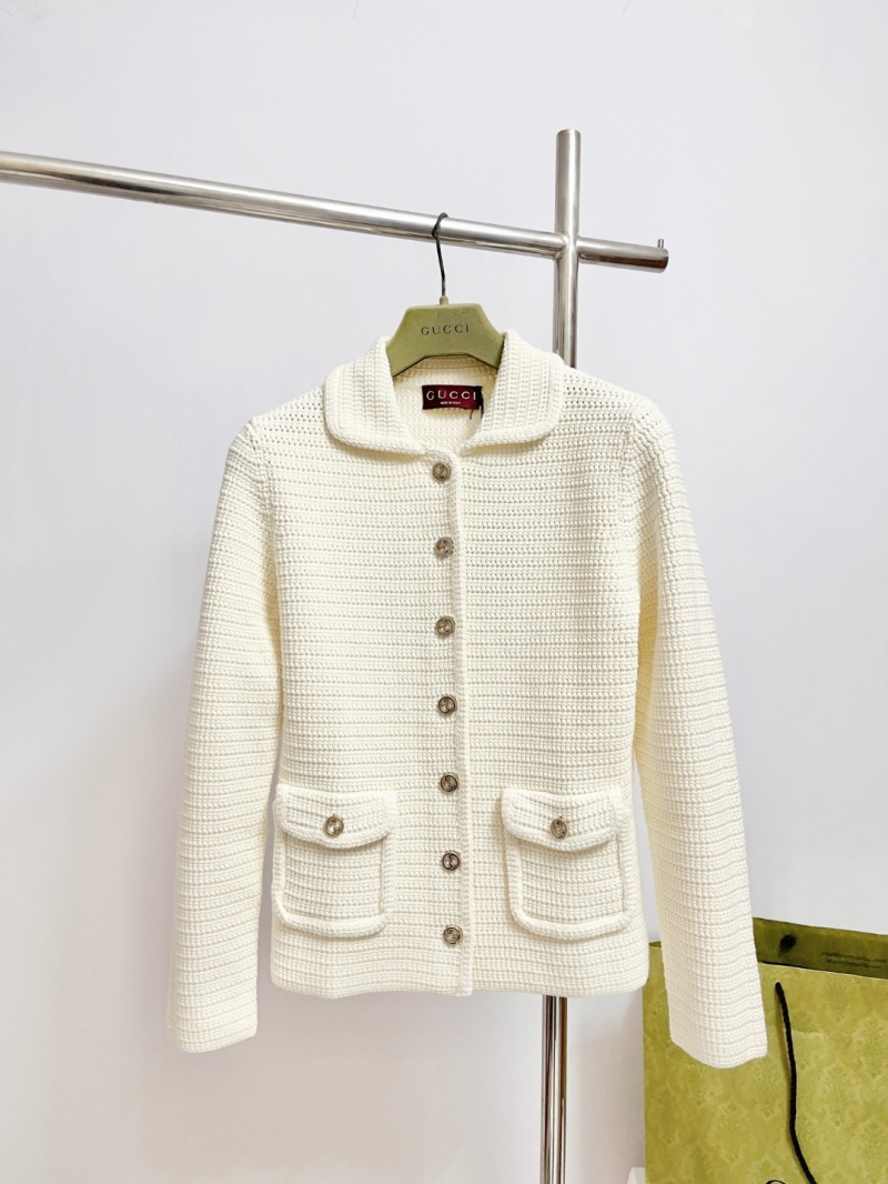 Gucci Ivory Ribbed Knit Cardigan Jacket with Gold GG Buttons