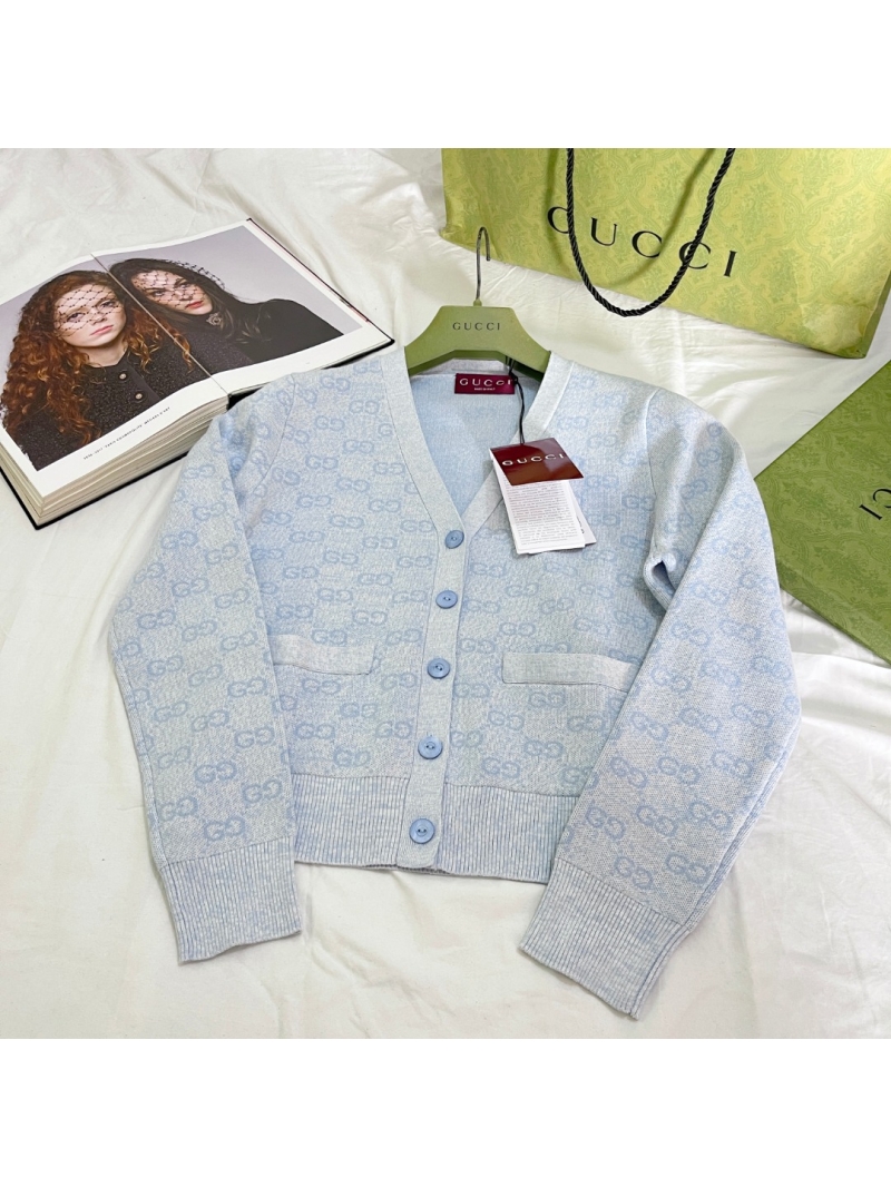 Gucci Ice Blue GG Monogram Jacquard Knit Cardigan