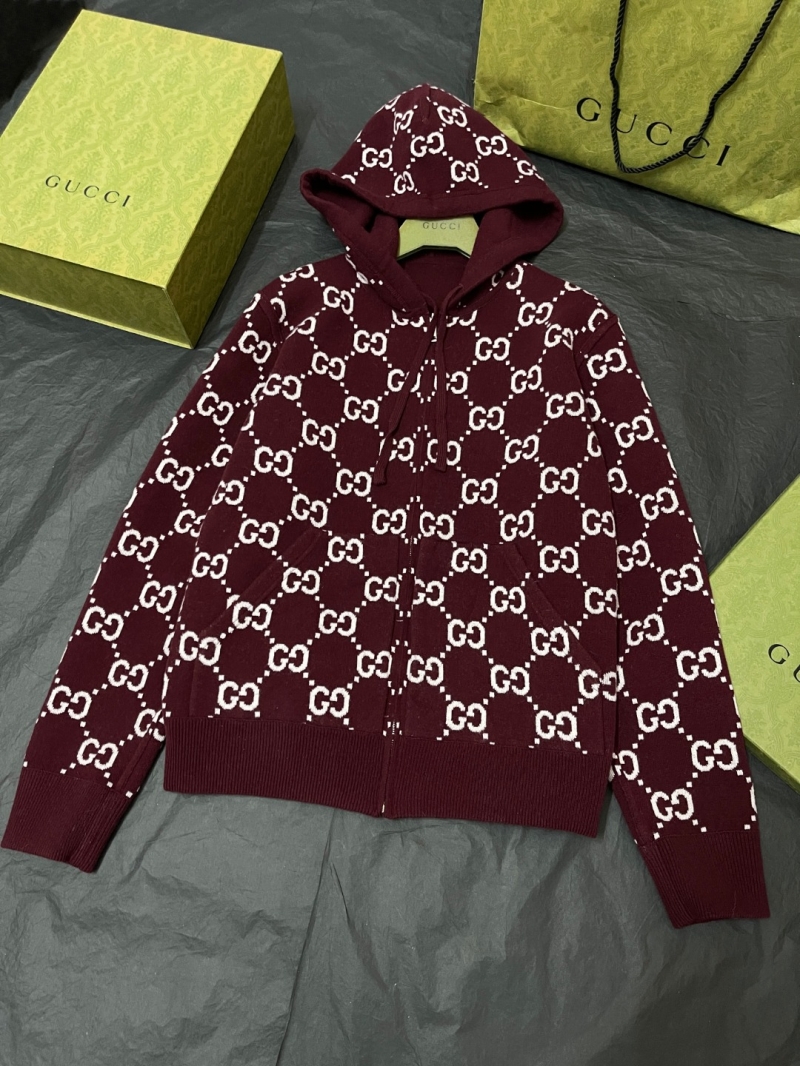 Gucci Signature GG Monogram Double-Sided Wool Zip-Up Hoodie in Burgundy