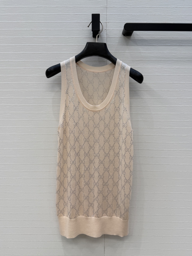 Gucci Sumptuous Crystal GG Monogram Fine-Gauge Knitted Vest in Cream