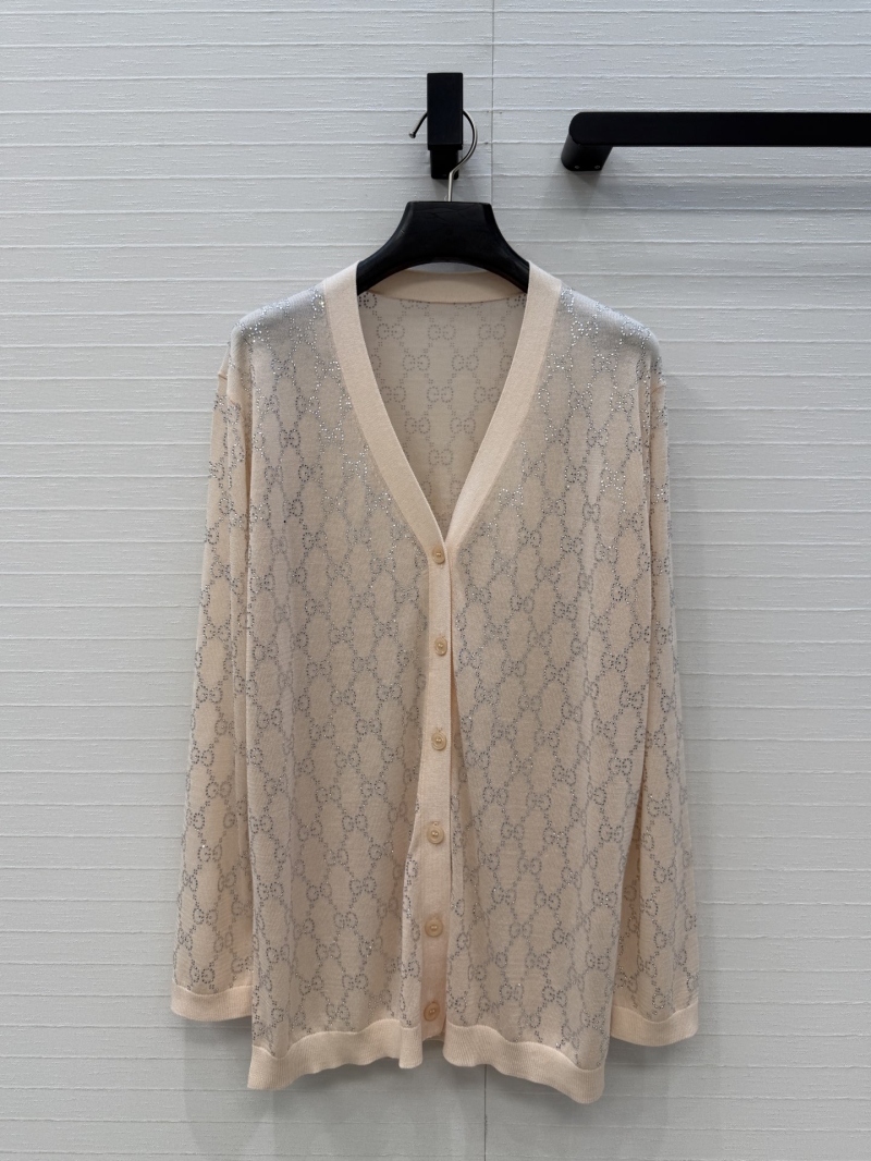 Gucci Sparkling GG Rhinestone Breathable Fine-Gauge Knit Cardigan in Apricot