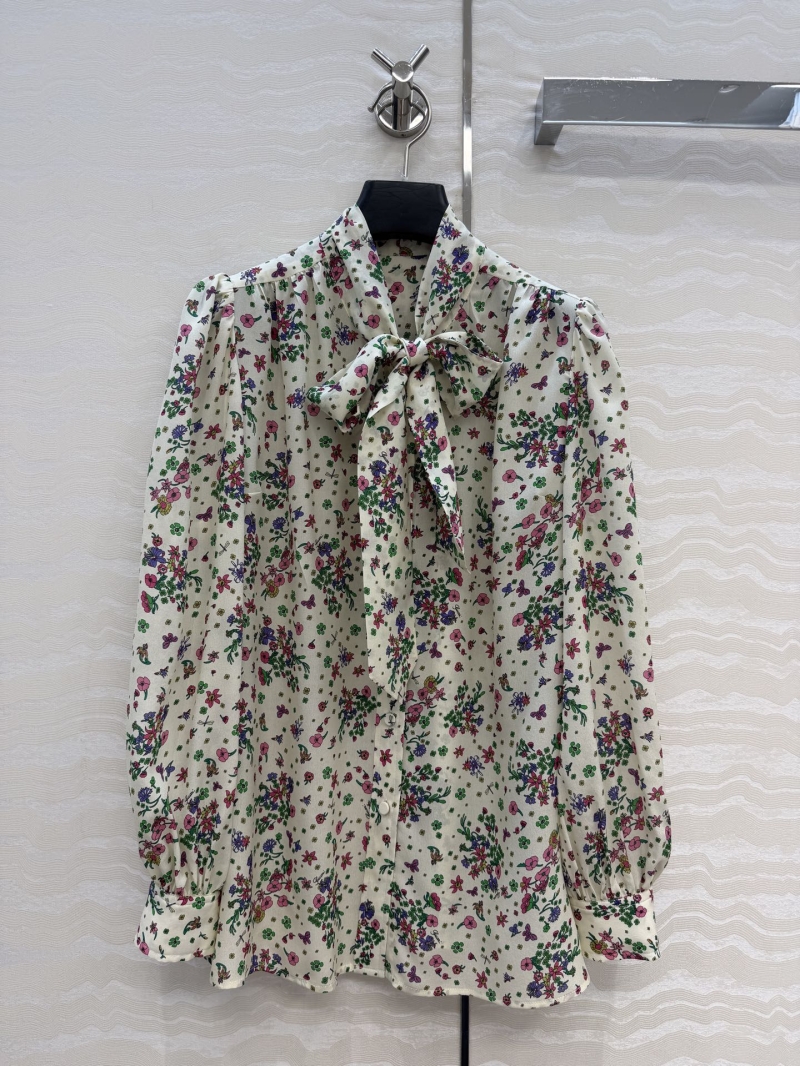 Gucci 100% Silk Crepe de Chine Floral Pussy-Bow Blouse in Cream Multi