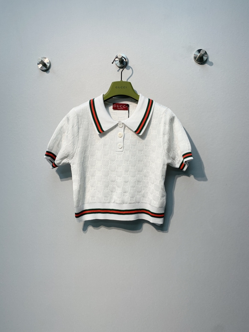 Gucci GG Monogram Knit Polo Shirt in White with Web Stripe Trim