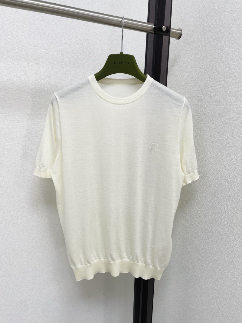 Gucci Off-White Fine-Knit Crewneck Short-Sleeve Top