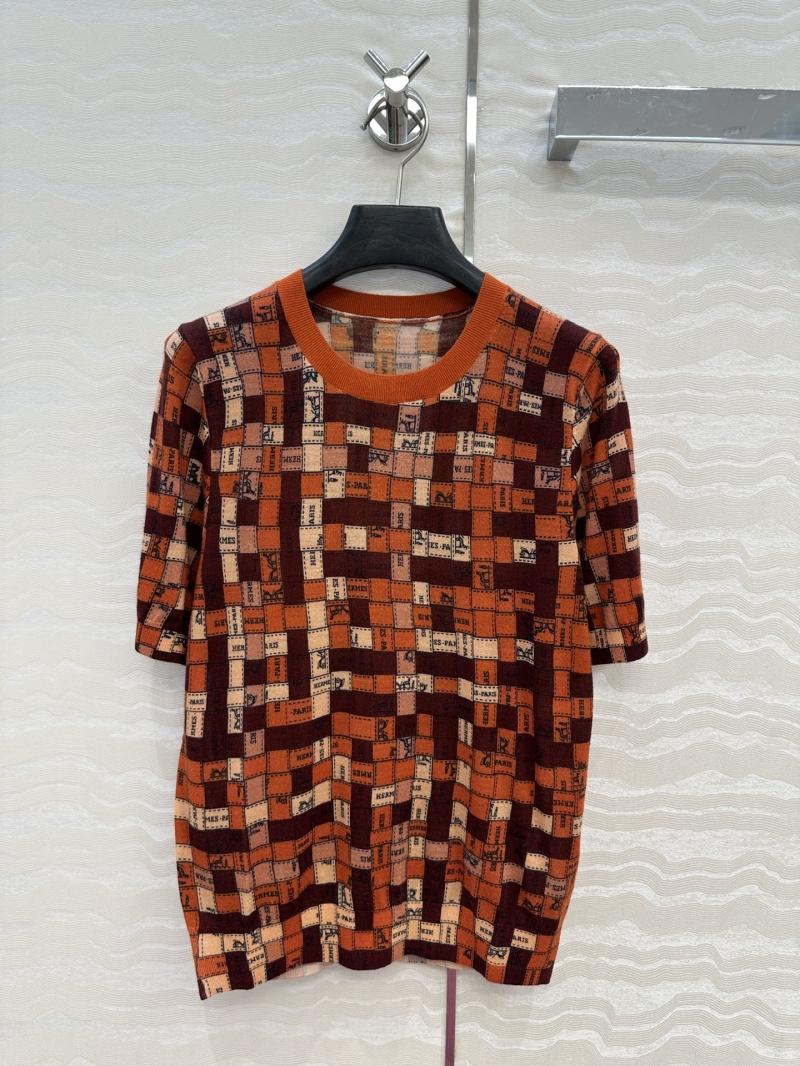 Hermès Luxe Merino Wool Short-Sleeve Top with Abstract Mosaic Print in Orange