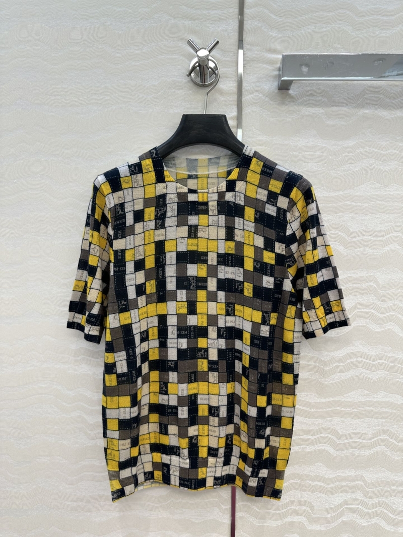 Hermès Luxe Merino Wool Short-Sleeve Top with Mosaic Print in Yellow