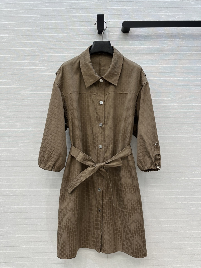 Hermes Elegant Khaki Jacquard Shirt-Dress with Lantern Sleeves