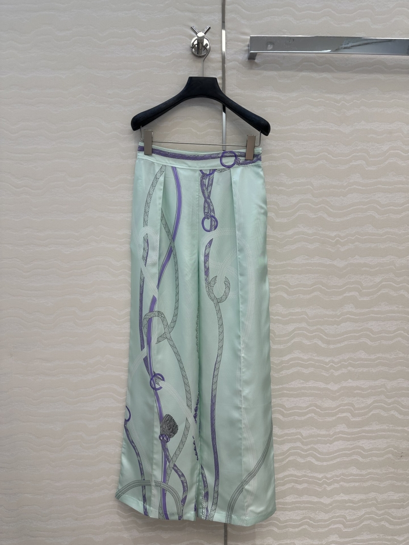 Hermes Palefroi Remix Print Silk Wide-Leg Trousers in Mint Green