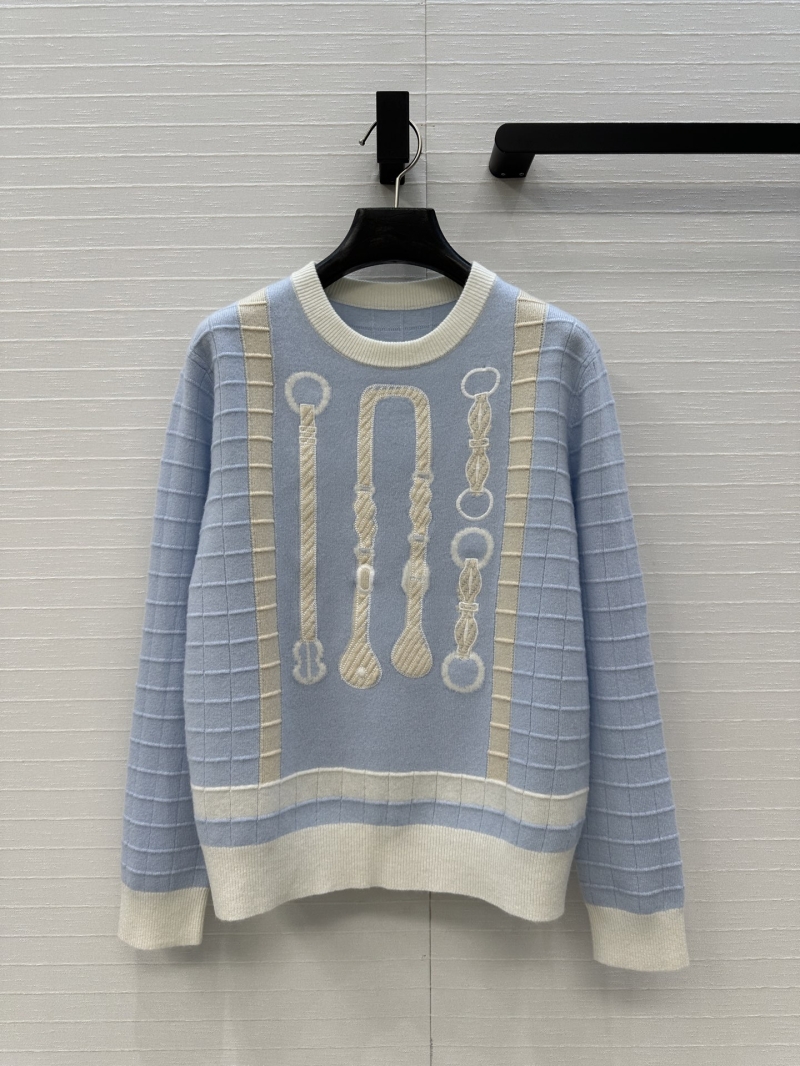 Hermes Early Autumn 25 Saddle Training Embroidered Cashmere Long-Sleeve Knitwear in Light Blue
