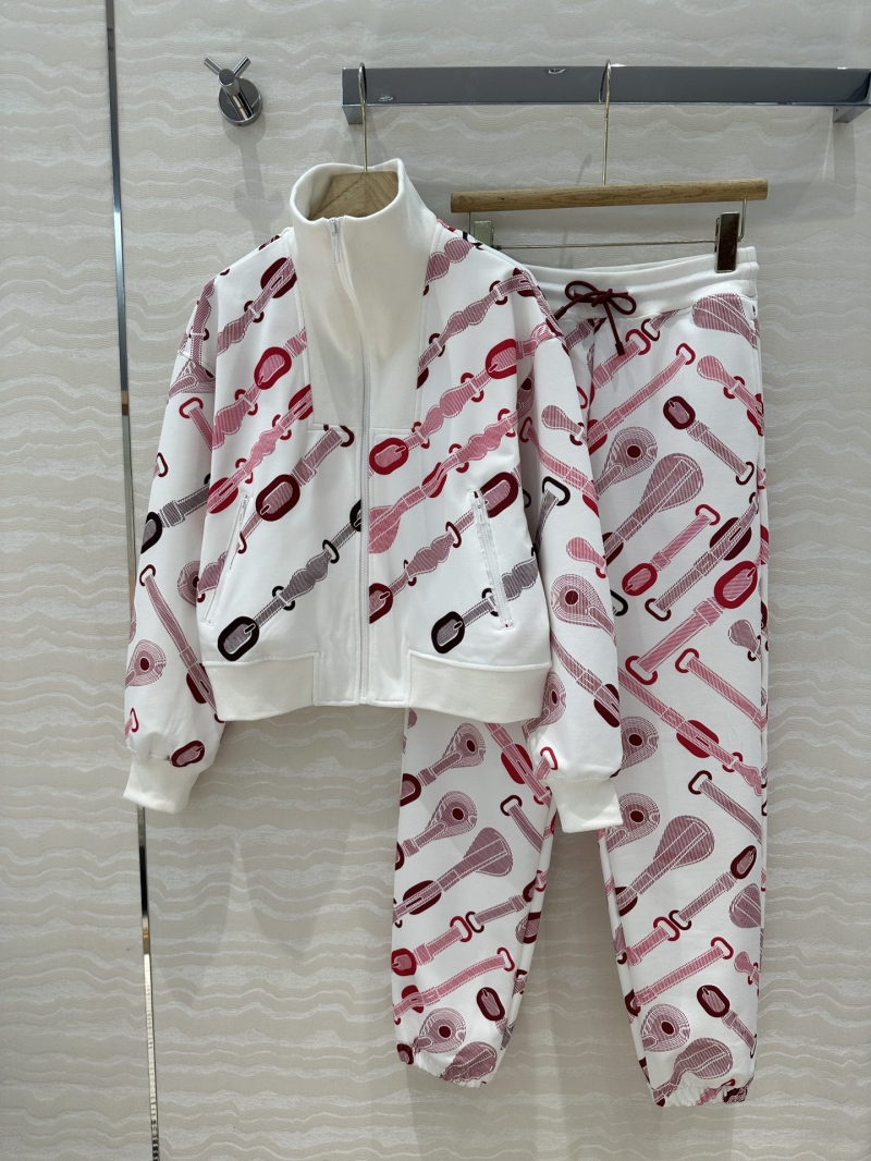 Hermes H Sport Set - Coaching Remix Collection Jersey Cotton Red & White Stand Collar Zip Jacket with Straight Leg Pants