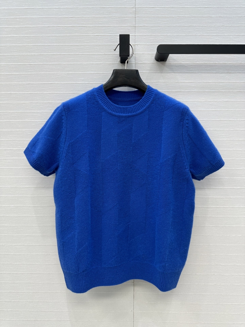 Hermes Early Fall Collection Classic Round Neck Short Sleeve Cashmere Top in Blue