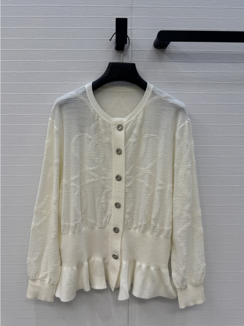 Hermès 25s Fine Needle Wool Crochet Round Neck Cardigan in White