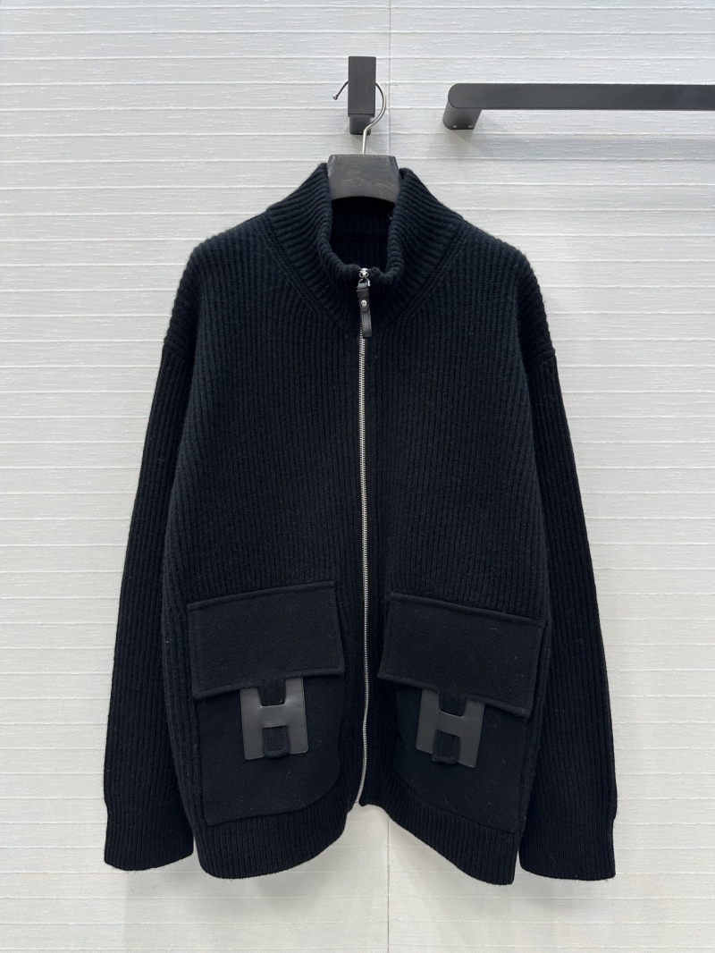 Hermes Exclusive Limited Edition Mid-Length Cashmere Knit Zip-Up Jacket in Black - H-Buckle Leather Accent Pockets