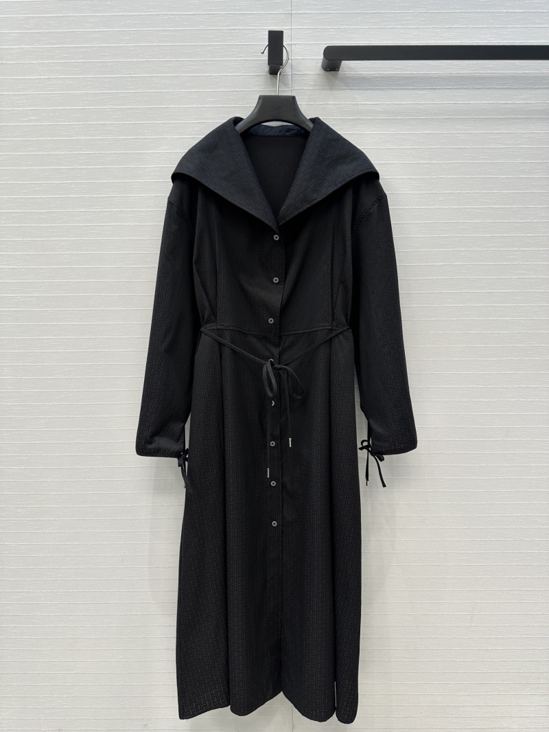 Hermès New Arrival: Luxe Black Jacquard Belted Trench Dress with Folded Cuffs