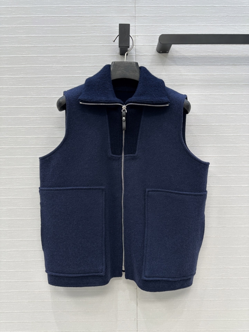 Hermes Exclusive Ribbed Zip Collar Cashmere Knit Vest in Blue - Short H-Style Layering Essential