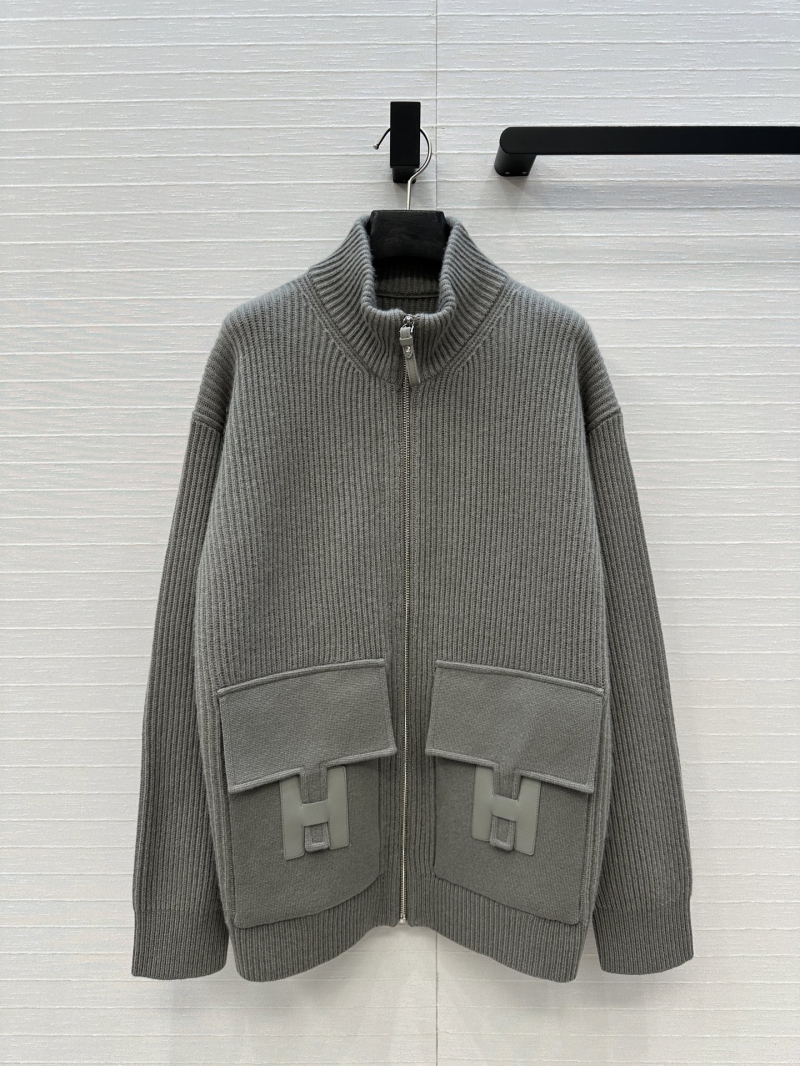 Hermès Mid-Length Cashmere Knit Zip-Up Hoodie in Gray with Signature H-Detail Leather Pockets