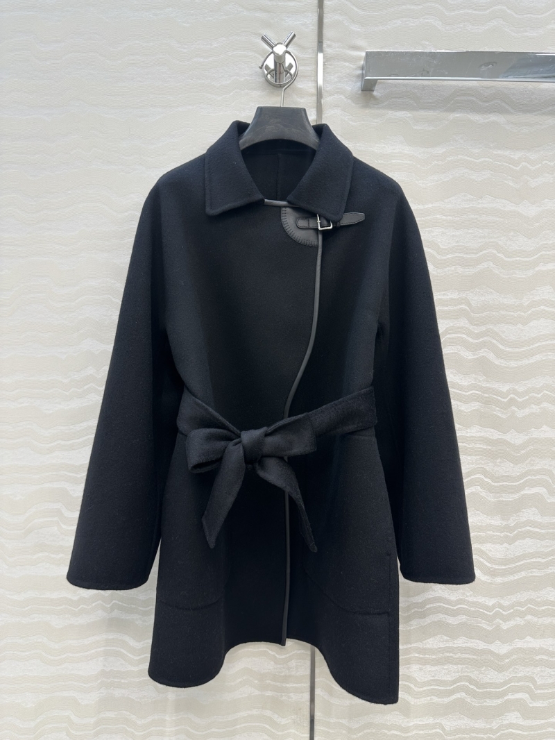 Hermès Exclusive Limited Edition Black Double-Faced Wool-Cashmere Coat with Leather Accents