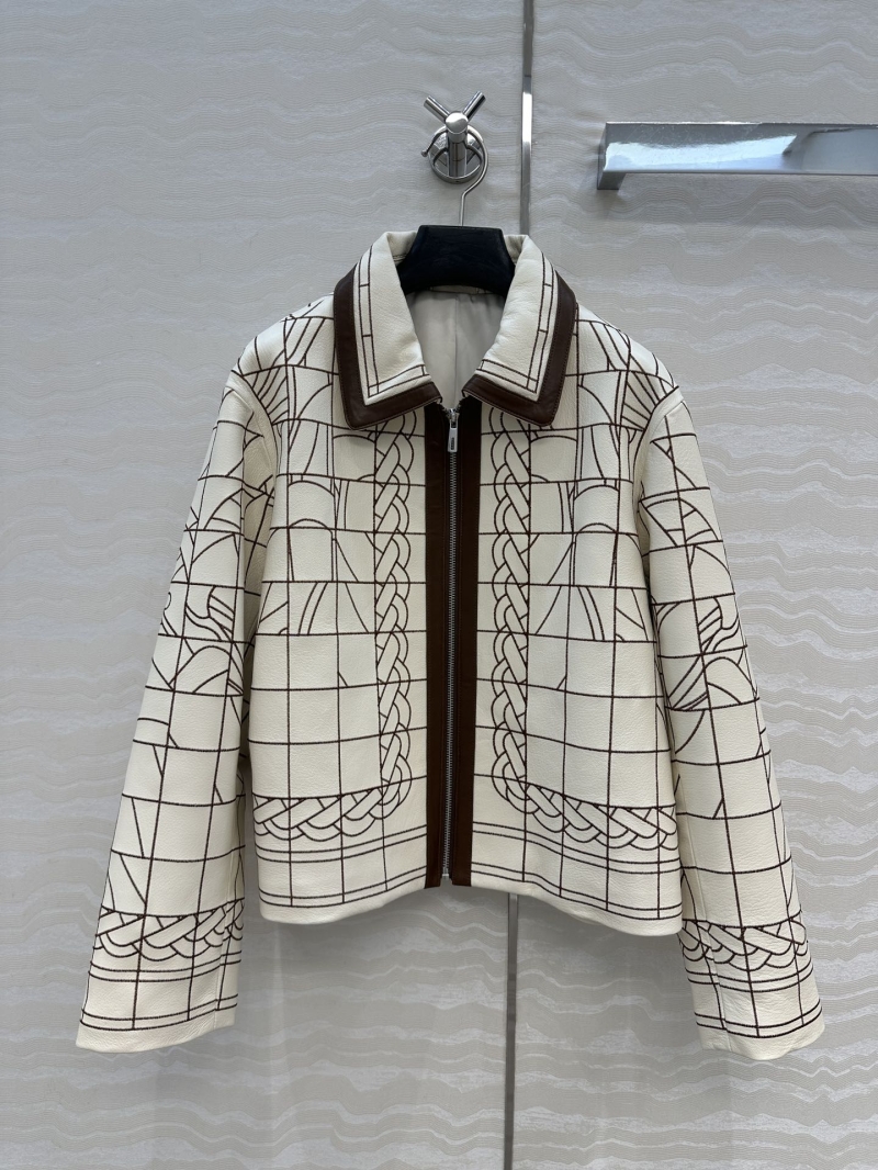 Hermès Limited Edition Equestrian Leather Cropped Jacket in Cream with Geometric Embroidery